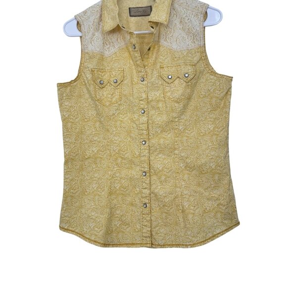 Legacy Falls Yellow Sleeveless Button-Up Shirt Paisley Pattern - Womens Size M - Picture 8 of 8
